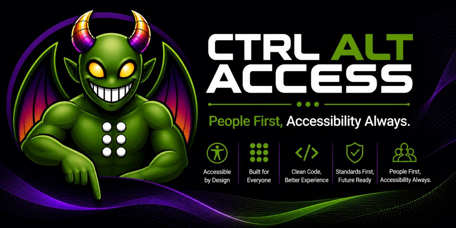 Control Alt Access banner featuring a green dragon-like accessibility mascot with glowing yellow eyes pointing downward beside the company name. Purple and green wave patterns flow across a dark futuristic background with accessibility-themed icons and the slogan “People First, Accessibility Always.”