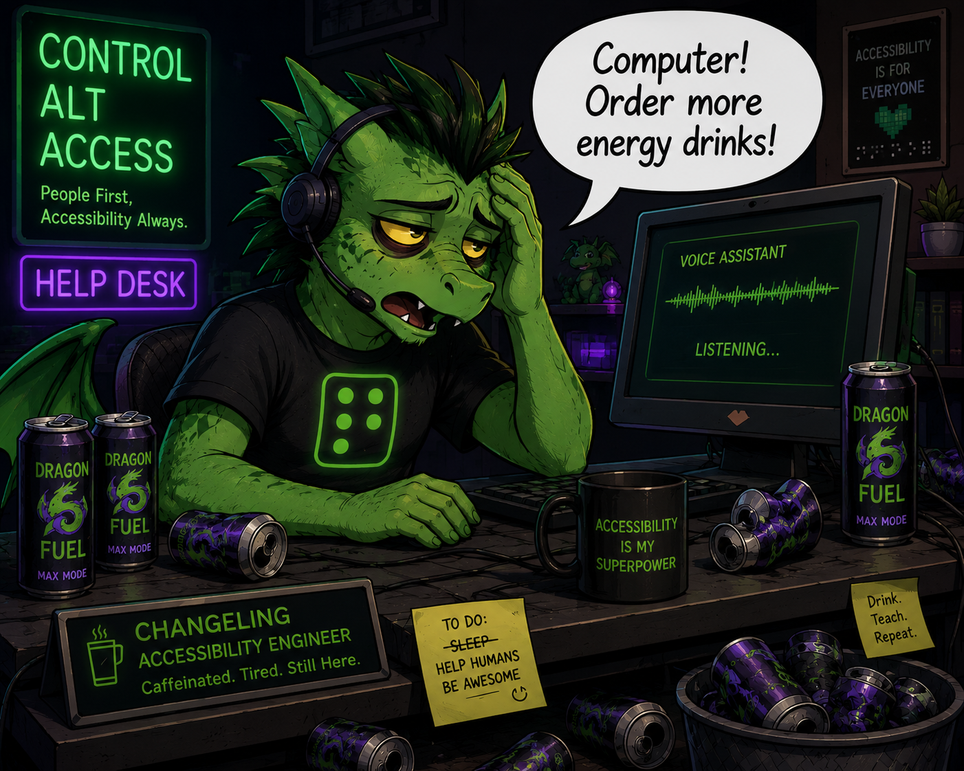 Cartoon-style digital illustration of Changeling, a tired green dragon-like accessibility mascot with glowing yellow eyes, sitting at a cluttered help desk covered in empty purple-and-green energy drink cans. Changeling wears a headset and a black shirt with a glowing green Braille-cell symbol on the chest while holding their forehead in exhaustion. A computer monitor displays a voice assistant waveform as Changeling says, “Computer! Order more energy drinks!” Neon signs for Control Alt Access glow in the dark office behind them.